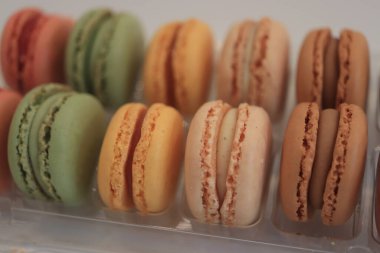 Plastik bir tepsi içinde farklı renk ve tatlar macarons