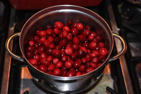 Preparing Homemade Cranberry Sauce Thanksgiving Christmas — Stock Photo, Image