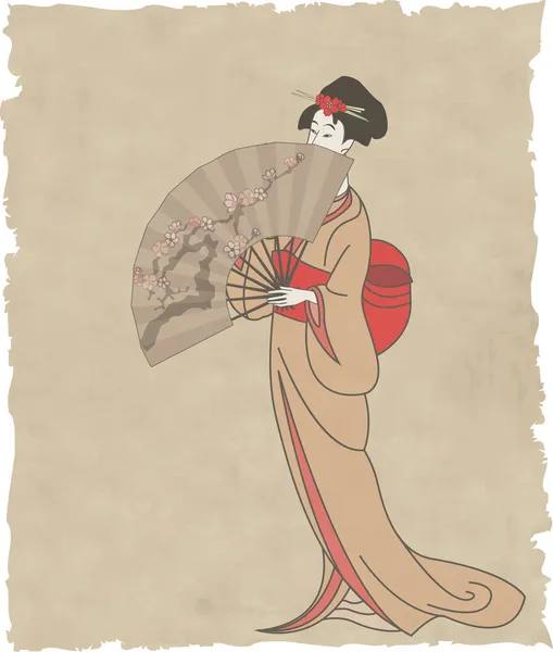 Japanese girl with a fan on old paper — Stock Vector