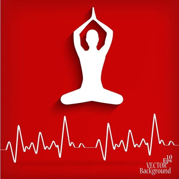 Silhouette yoga poses on a red background with cardiogram - vector illustration — Stock Vector