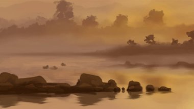 Peyzaj arka planı. Boya elementleriyle soyut sanat şablonu. Sunset Sunset arkaplan soyut afiş tasarımı doğa tarzında. Vektör illüstrasyonu.