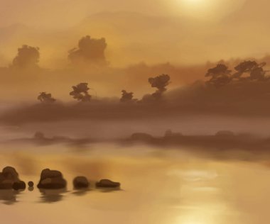 Peyzaj arka planı. Boya elementleriyle soyut sanat şablonu. Sunset Sunset arkaplan soyut afiş tasarımı doğa tarzında. Vektör illüstrasyonu.