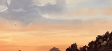 Peyzaj arka planı. Boya elementleriyle soyut sanat şablonu. Sunset Sunset arkaplan soyut afiş tasarımı doğa tarzında. Vektör illüstrasyonu.