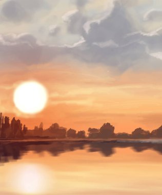 Peyzaj arka planı. Boya elementleriyle soyut sanat şablonu. Sunset Sunset arkaplan soyut afiş tasarımı doğa tarzında. Vektör illüstrasyonu.