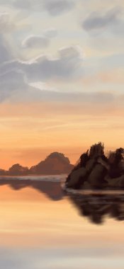 Peyzaj arka planı. Boya elementleriyle soyut sanat şablonu. Sunset Sunset arkaplan soyut afiş tasarımı doğa tarzında. Vektör illüstrasyonu.