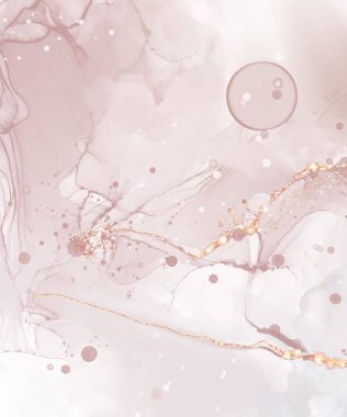 Yumuşak mercan ve altın renginde yüksek kalite alkol mürekkebi. Vektör soyut resim. Düğün dekorasyonu. Mercan, altın parıltılı elementlerle boyanmış. Yumuşak sıvı akışı.