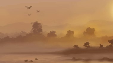 Peyzaj arka planı. Boya elementleriyle soyut sanat şablonu. Sunset Sunset arkaplan soyut afiş tasarımı doğa tarzında. Vektör illüstrasyonu.