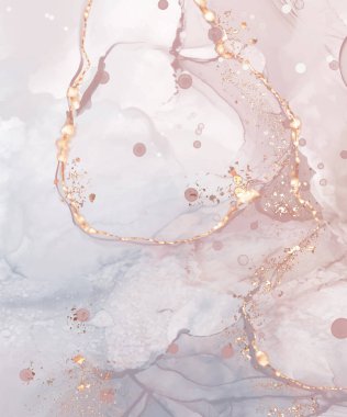 Yumuşak mercan ve altın renginde yüksek kalite alkol mürekkebi. Vektör soyut resim. Düğün dekorasyonu. Mercan, altın parıltılı elementlerle boyanmış. Yumuşak sıvı akışı.