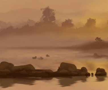 Peyzaj arka planı. Boya elementleriyle soyut sanat şablonu. Sunset Sunset arkaplan soyut afiş tasarımı doğa tarzında. Vektör illüstrasyonu.