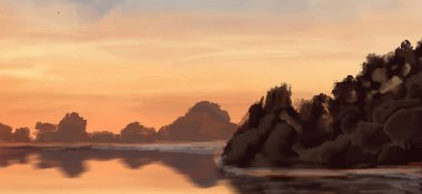 Peyzaj arka planı. Boya elementleriyle soyut sanat şablonu. Sunset Sunset arkaplan soyut afiş tasarımı doğa tarzında. Vektör illüstrasyonu.