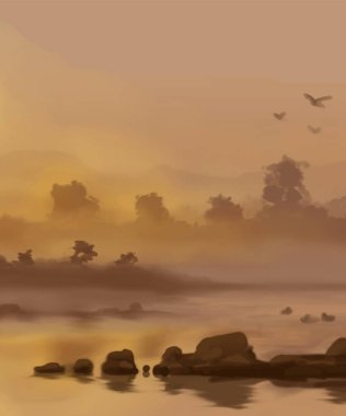 Peyzaj arka planı. Boya elementleriyle soyut sanat şablonu. Sunset Sunset arkaplan soyut afiş tasarımı doğa tarzında. Vektör illüstrasyonu.