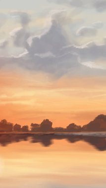 Peyzaj arka planı. Boya elementleriyle soyut sanat şablonu. Sunset Sunset arkaplan soyut afiş tasarımı doğa tarzında. Vektör illüstrasyonu.