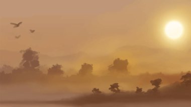 Peyzaj arka planı. Boya elementleriyle soyut sanat şablonu. Sunset Sunset arkaplan soyut afiş tasarımı doğa tarzında. Vektör illüstrasyonu.