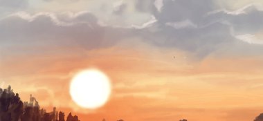 Peyzaj arka planı. Boya elementleriyle soyut sanat şablonu. Sunset Sunset arkaplan soyut afiş tasarımı doğa tarzında. Vektör illüstrasyonu.