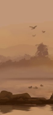 Peyzaj arka planı. Boya elementleriyle soyut sanat şablonu. Sunset Sunset arkaplan soyut afiş tasarımı doğa tarzında. Vektör illüstrasyonu.