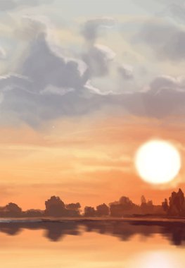 Peyzaj arka planı. Boya elementleriyle soyut sanat şablonu. Sunset Sunset arkaplan soyut afiş tasarımı doğa tarzında. Vektör illüstrasyonu.