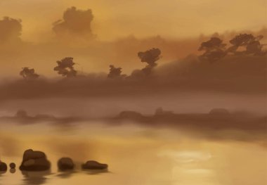 Peyzaj arka planı. Boya elementleriyle soyut sanat şablonu. Sunset Sunset arkaplan soyut afiş tasarımı doğa tarzında. Vektör illüstrasyonu.