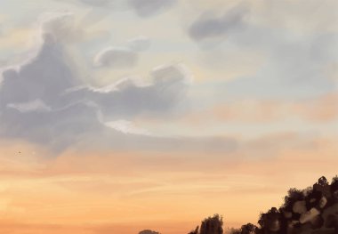 Peyzaj arka planı. Boya elementleriyle soyut sanat şablonu. Sunset Sunset arkaplan soyut afiş tasarımı doğa tarzında. Vektör illüstrasyonu.