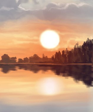 Peyzaj arka planı. Boya elementleriyle soyut sanat şablonu. Sunset Sunset arkaplan soyut afiş tasarımı doğa tarzında. Vektör illüstrasyonu.