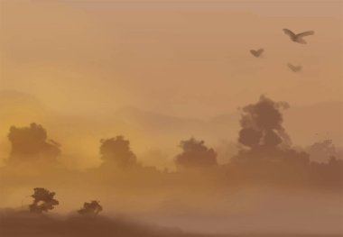 Peyzaj arka planı. Boya elementleriyle soyut sanat şablonu. Sunset Sunset arkaplan soyut afiş tasarımı doğa tarzında. Vektör illüstrasyonu.