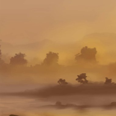 Peyzaj arka planı. Boya elementleriyle soyut sanat şablonu. Sunset Sunset arkaplan soyut afiş tasarımı doğa tarzında. Vektör illüstrasyonu.