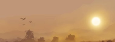 Peyzaj arka planı. Boya elementleriyle soyut sanat şablonu. Sunset Sunset arkaplan soyut afiş tasarımı doğa tarzında. Vektör illüstrasyonu.