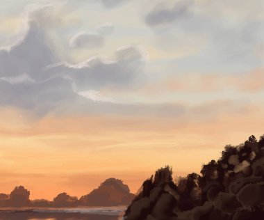 Peyzaj arka planı. Boya elementleriyle soyut sanat şablonu. Sunset Sunset arkaplan soyut afiş tasarımı doğa tarzında. Vektör illüstrasyonu.