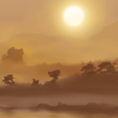 Peyzaj arka planı. Boya elementleriyle soyut sanat şablonu. Sunset Sunset arkaplan soyut afiş tasarımı doğa tarzında. Vektör illüstrasyonu.