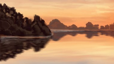 Peyzaj arka planı. Boya elementleriyle soyut sanat şablonu. Sunset Sunset arkaplan soyut afiş tasarımı doğa tarzında. Vektör illüstrasyonu.