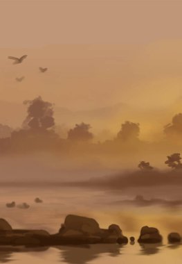 Peyzaj arka planı. Boya elementleriyle soyut sanat şablonu. Sunset Sunset arkaplan soyut afiş tasarımı doğa tarzında. Vektör illüstrasyonu.