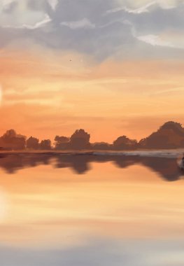 Peyzaj arka planı. Boya elementleriyle soyut sanat şablonu. Sunset Sunset arkaplan soyut afiş tasarımı doğa tarzında. Vektör illüstrasyonu.