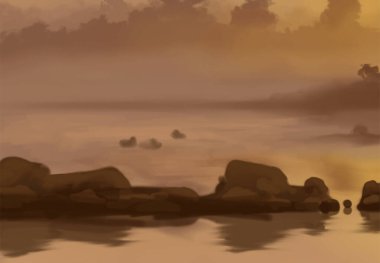 Peyzaj arka planı. Boya elementleriyle soyut sanat şablonu. Sunset Sunset arkaplan soyut afiş tasarımı doğa tarzında. Vektör illüstrasyonu.