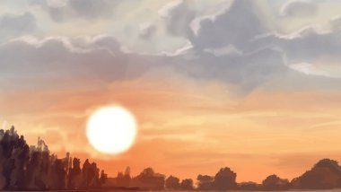 Peyzaj arka planı. Boya elementleriyle soyut sanat şablonu. Sunset Sunset arkaplan soyut afiş tasarımı doğa tarzında. Vektör illüstrasyonu.