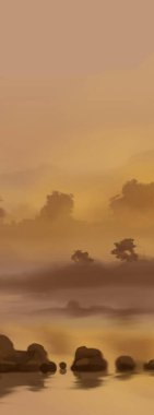 Peyzaj arka planı. Boya elementleriyle soyut sanat şablonu. Sunset Sunset arkaplan soyut afiş tasarımı doğa tarzında. Vektör illüstrasyonu.