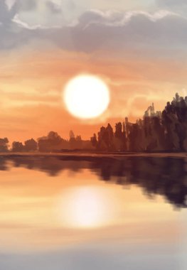 Peyzaj arka planı. Boya elementleriyle soyut sanat şablonu. Sunset Sunset arkaplan soyut afiş tasarımı doğa tarzında. Vektör illüstrasyonu.