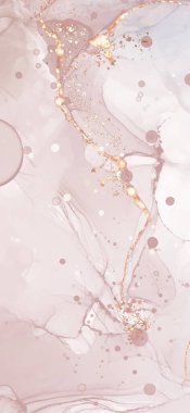 Yumuşak mercan ve altın renginde yüksek kalite alkol mürekkebi. Vektör soyut resim. Düğün dekorasyonu. Mercan, altın parıltılı elementlerle boyanmış. Yumuşak sıvı akışı.