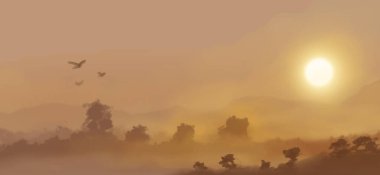 Peyzaj arka planı. Boya elementleriyle soyut sanat şablonu. Sunset Sunset arkaplan soyut afiş tasarımı doğa tarzında. Vektör illüstrasyonu.