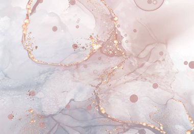 Yumuşak mercan ve altın renginde yüksek kalite alkol mürekkebi. Vektör soyut resim. Düğün dekorasyonu. Mercan, altın parıltılı elementlerle boyanmış. Yumuşak sıvı akışı.