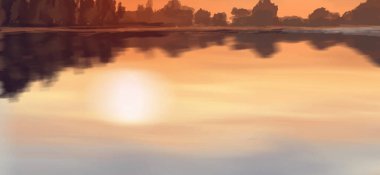 Peyzaj arka planı. Boya elementleriyle soyut sanat şablonu. Sunset Sunset arkaplan soyut afiş tasarımı doğa tarzında. Vektör illüstrasyonu.