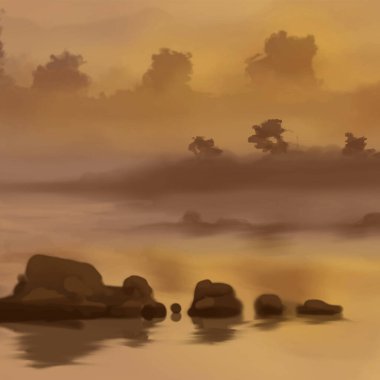 Peyzaj arka planı. Boya elementleriyle soyut sanat şablonu. Sunset Sunset arkaplan soyut afiş tasarımı doğa tarzında. Vektör illüstrasyonu.