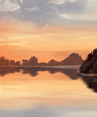 Peyzaj arka planı. Boya elementleriyle soyut sanat şablonu. Sunset Sunset arkaplan soyut afiş tasarımı doğa tarzında. Vektör illüstrasyonu.