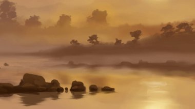 Peyzaj arka planı. Boya elementleriyle soyut sanat şablonu. Sunset Sunset arkaplan soyut afiş tasarımı doğa tarzında. Vektör illüstrasyonu.