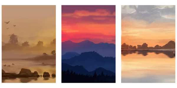 Landscape Backgrounds Set Abstract Art Template Paint Elements Sunrise Sunset — Wektor stockowy