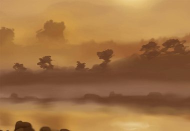 Peyzaj arka planı. Boya elementleriyle soyut sanat şablonu. Sunset Sunset arkaplan soyut afiş tasarımı doğa tarzında. Vektör illüstrasyonu.