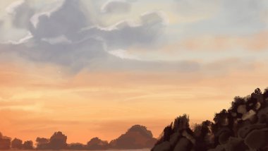 Peyzaj arka planı. Boya elementleriyle soyut sanat şablonu. Sunset Sunset arkaplan soyut afiş tasarımı doğa tarzında. Vektör illüstrasyonu.