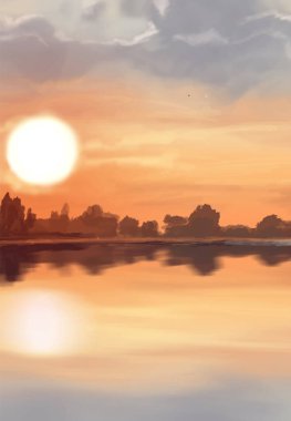 Peyzaj arka planı. Boya elementleriyle soyut sanat şablonu. Sunset Sunset arkaplan soyut afiş tasarımı doğa tarzında. Vektör illüstrasyonu.