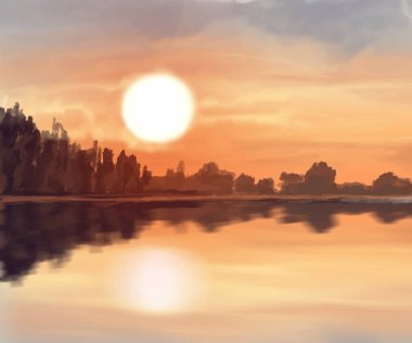 Peyzaj arka planı. Boya elementleriyle soyut sanat şablonu. Sunset Sunset arkaplan soyut afiş tasarımı doğa tarzında. Vektör illüstrasyonu.