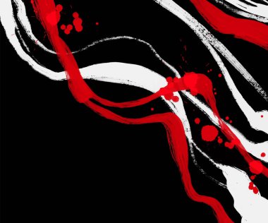 Siyah beyaz, kırmızı, fırça darbesi. Japon tarzı. Grunge dalgası lekelerinin vektör illüstrasyonu. Vektör fırçaları resimleme.