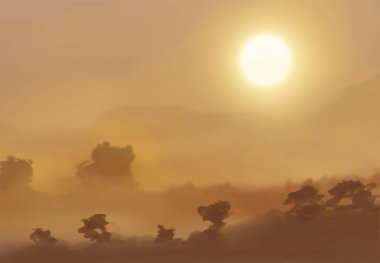 Peyzaj arka planı. Boya elementleriyle soyut sanat şablonu. Sunset Sunset arkaplan soyut afiş tasarımı doğa tarzında. Vektör illüstrasyonu.