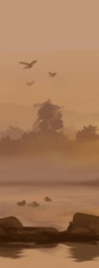 Peyzaj arka planı. Boya elementleriyle soyut sanat şablonu. Sunset Sunset arkaplan soyut afiş tasarımı doğa tarzında. Vektör illüstrasyonu.